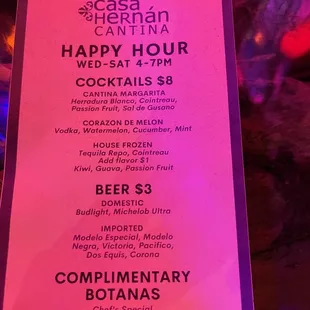 Happy hour menu