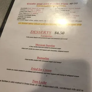 a menu for desserts