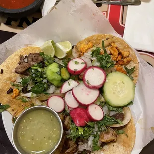 Steak, chicken, Al pastor tacos