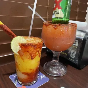 Mango Chamoy margarita and watermelon margarita with Dos Equis
