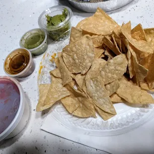 Complementary chips and salsa; the side of guacamole came with the entree