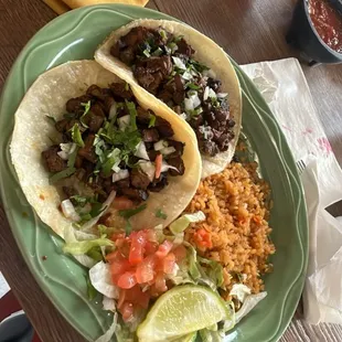 Carne Asada Tacos and a side of rice