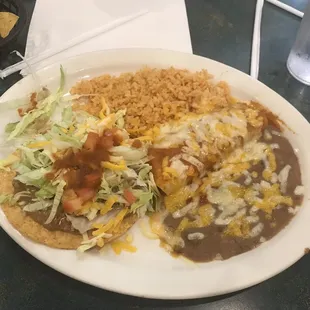 Beef enchilada and a bean tostada with rice and refried beans. All very good.