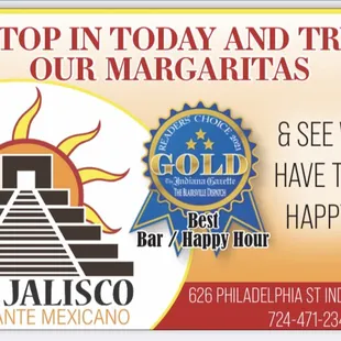 Thank you for voting us the best bar and happy hour! Only the BEST margaritas sold here!