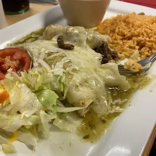 Enchiladas verdes sub beef fajita