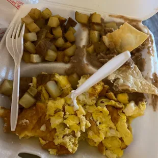 Dry eggs, Mushy potatoes, and sweet beans.