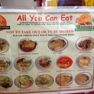 One side of the all you can eat menu