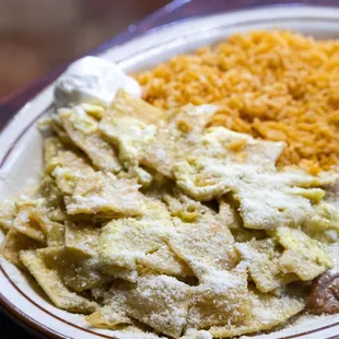 Chilaquiles Verdes with rice and beans