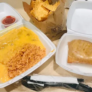 2 cheese enchiladas, rice, chips, salsa, &amp; sopapilla.