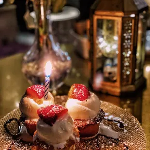 a plate of pastries with a lit candle