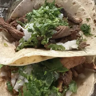 Street tacos: pastor and carne asada