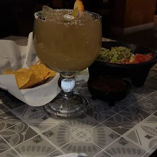 Margarita, guacamole, chips and salsa.