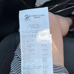 the receipt for the restaurant