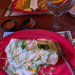 Tri-coloe enchiladas and a chili Verde burrito. Plus the special Black Cherry margarita