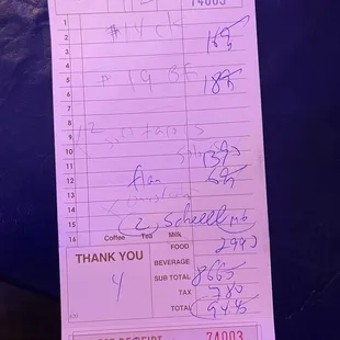 Bills not too bad - 2 super chavelas, #19, #14, and 2 tacos and a flan.