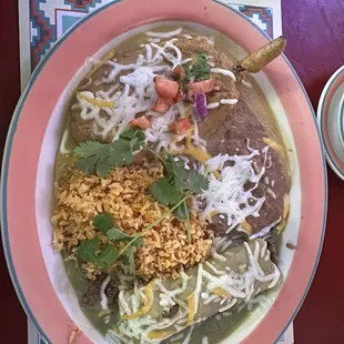 2 entree plate: chili verde ground beef enchilada, chile relleno, side of refried beans &amp; rice