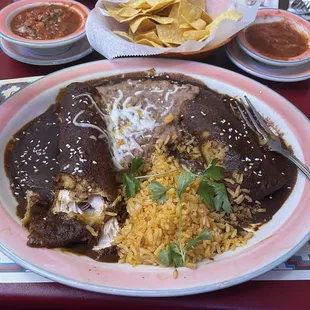 Chicken Mole&apos; enchiladas. I was scooping up the sauce with the tortilla chips. Just really yummy!