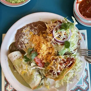 Chicken Taco, Chicken Tostadas and Carnitas Burrito