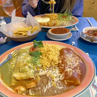 Combo enchiladas  Shrimp then shredded beef.  Tasty but way way too much salt
