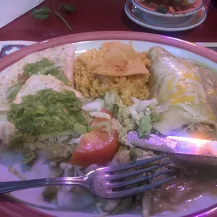 Chicken quesadillas and chicken enchiladas with tomatillo sauce