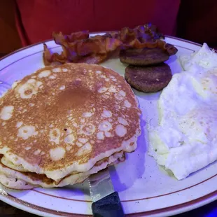 Pancake plate with both bacon and sausage.