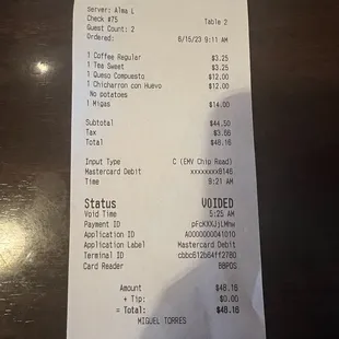 The void receipt for another customers food after the cockroach incident.