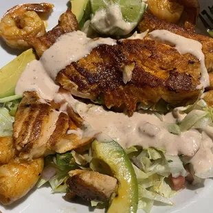 Avocado Fish Salad with salmon and shrimp.