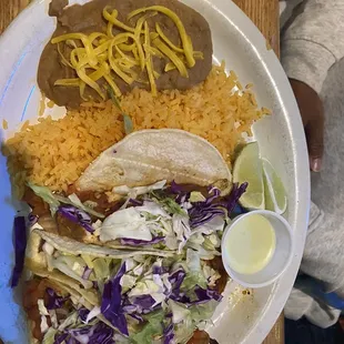 Fish tacos with rice and beans