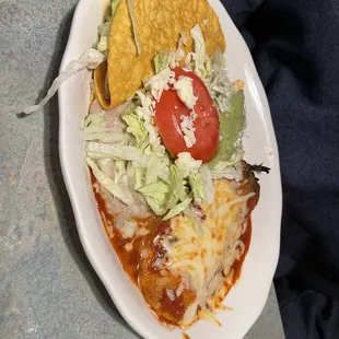 1/2 of the Casa Maria Dinner - sampler of taco, enchilada, tamale, chalupa, and chile relleno