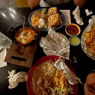 Carne guisada plate and fajita quesadilla