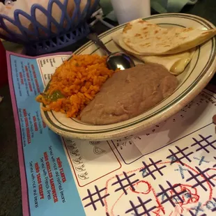 Quesadilla with refried beans and rice