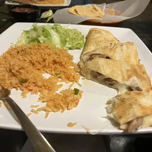 Chicken quesadillas and rice and guacamole