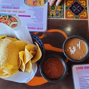 Chips, salsa, and bean dip