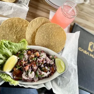 Octopus Ceviche.   Pink lemonade.