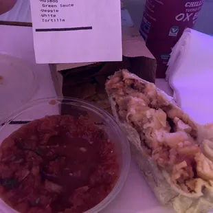 Potato burrito, chips and salsa. Double check to make sure that your order is filled correctly.