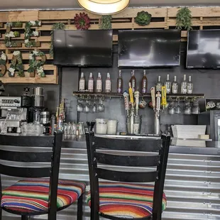 a bar with two chairs