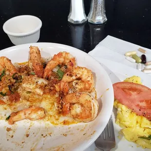 Garlic Shrimp &amp; Grits and a side of fluffy scrambled eggs.  Yezzzzzzz indeed!