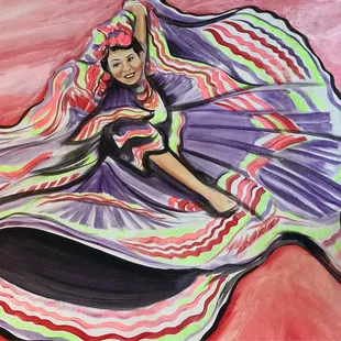 a woman in a colorful dress