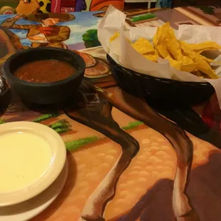 Chips and salsa with cheese sauce.