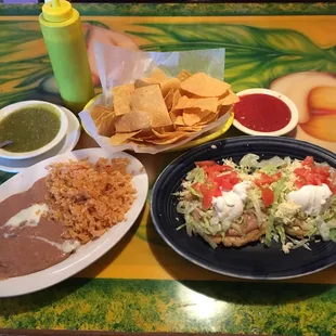 Sopes, rice and beans, chips and salsa!