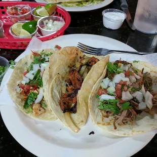 Tacos: chicken, Al pastor, carnitas