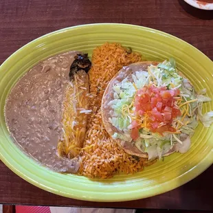 Lunch bean tostada and Chile Relleno plate