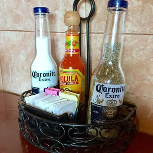 They recycle beer bottles to salt &amp; pepper bottles, good job!!  6/23/18