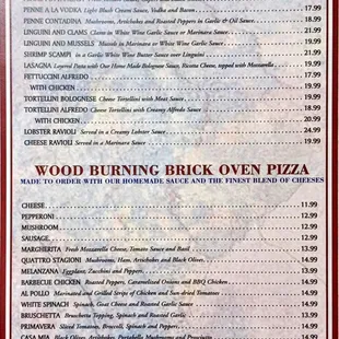 a menu for a pizza restaurant