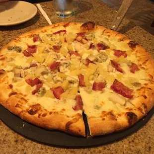 Chicken, bacon and pineapple pizza