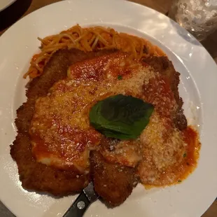 Chicken parm- not on the menu but they will make it for you! With pink sauce pasta on the side