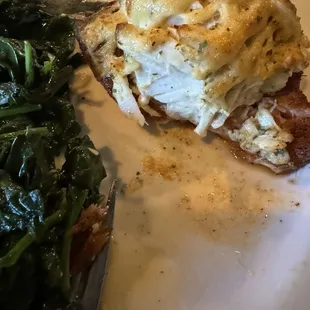 Salmon topped with crab imperial