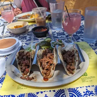 Carne asada tacos, prickly pear margarita, enchilada and steak