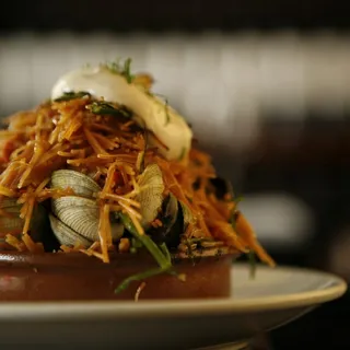 Fideos with Chorizo, Clams & Garlic Sherry Aioli