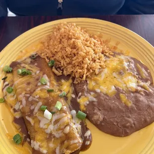 Enchilada, rice and beans.